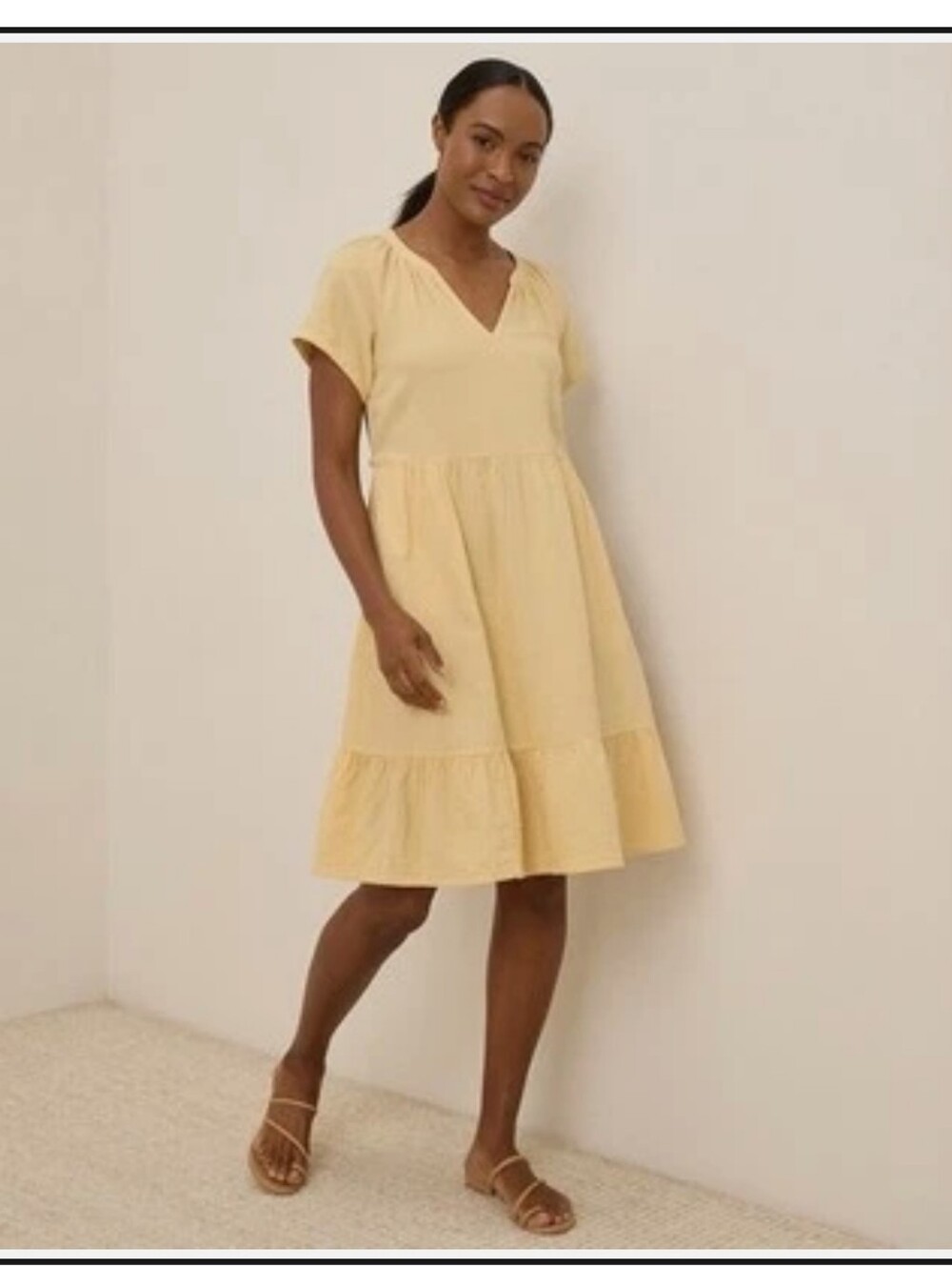 Pact Coastal Double Gauze Breeze V-Neck Tiered Short Sleeve Dress, S